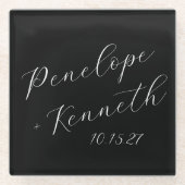 書エレガント跡の結婚黒カスタム字 ガラスコースター (正面)