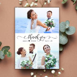 書エレガント跡の結婚3 Photo Collage サンキューカード<br><div class="desc">モダン手エレガント渦巻形のレタの結婚3枚の写真コラージュサンキューカード。3スタイリッシュ枚の写真を前面に、1結婚枚の写真を背面に並べたサンキューカードテンプレート。白い背景に黒い感謝してい字やタイポグラフィの台本のフォントを書渦巻形のき文字のキュラッシブで文字「あなた」を持つ。名前の間の小さな愛のハートモチーフ。ノートもしを手書きしたい場合は、サンプル文字を削除して宇宙を増やす。おもしし救済まは合わせ品連絡が欲しい！</div>