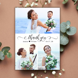 書エレガント跡の結婚3 Photo Collage サンキューカード