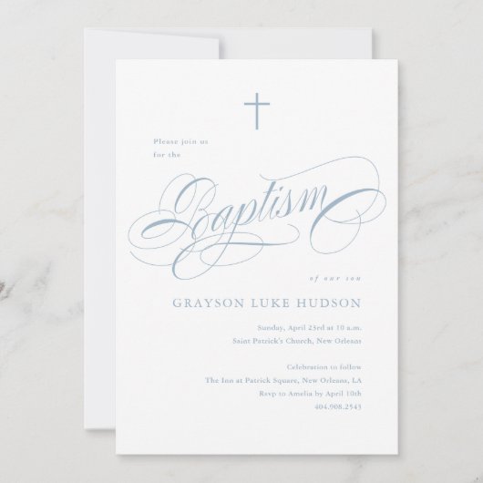 書エレガント跡ほこりっぽい青い男の子バプテスマ 招待状 (正面)