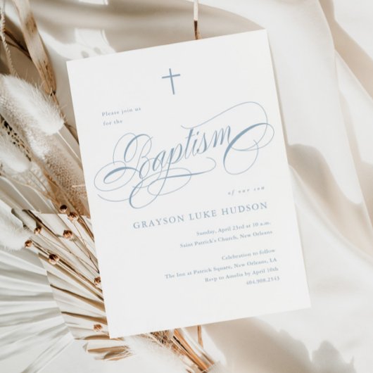 書エレガント跡ほこりっぽい青い男の子バプテスマ 招待状
