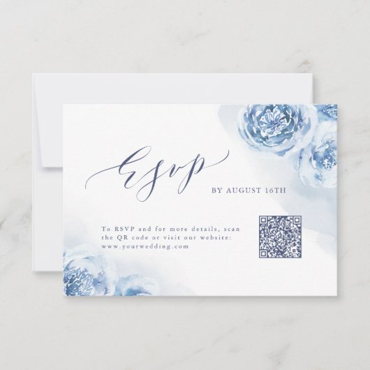 書エレガント跡ほこりっぽい青フローラQRコード 出欠カード (正面)