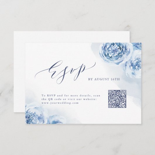 書エレガント跡ほこりっぽい青フローラQRコード 出欠カード (正面/裏面)