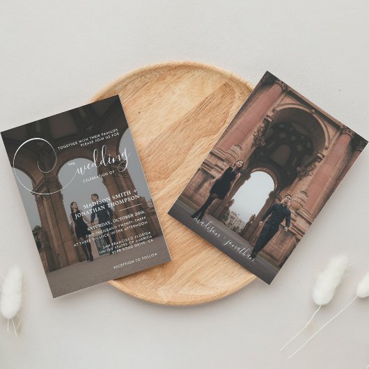 書エレガント跡グレー写真結婚の 招待状