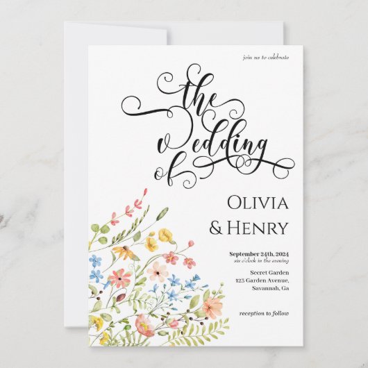 書エレガント跡スクリプトフローラ結婚の 招待状 (正面)