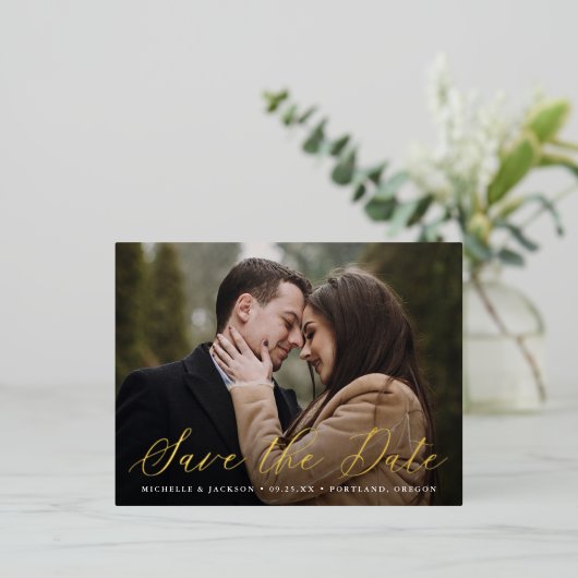 書エレガント跡スクリプト写真の保存日付 箔招待状ポストカード (立ち正面)