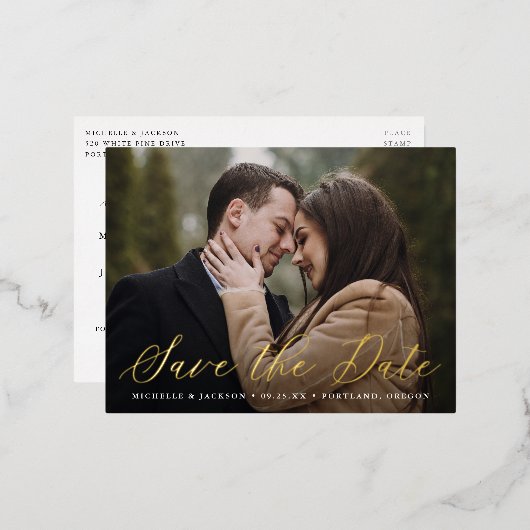 書エレガント跡スクリプト写真の保存日付 箔招待状ポストカード (正面/裏面)