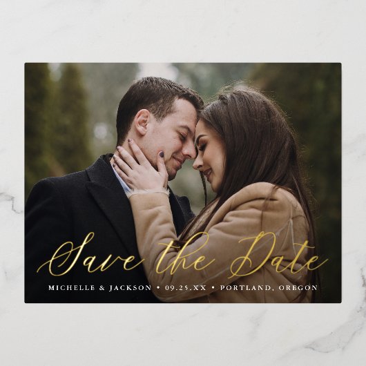 書エレガント跡スクリプト写真の保存日付 箔招待状ポストカード (正面)