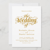 書エレガント跡スクリプト白と金ゴールド結婚の 招待状 (正面)