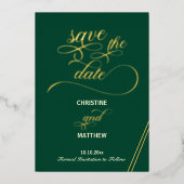書エレガント跡金ゴールド行ティール（緑がかった色）日付の保存 箔招待状 (正面)
