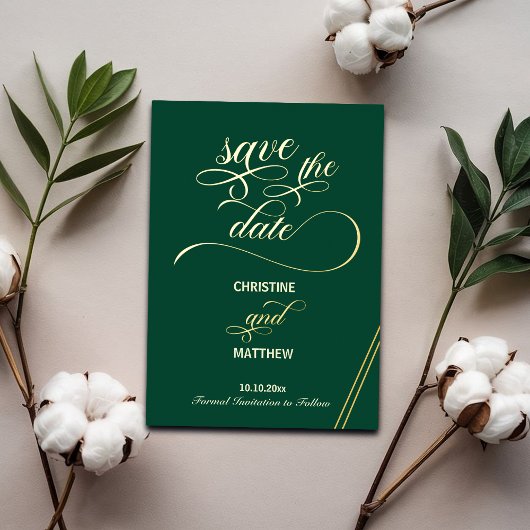 書エレガント跡金ゴールド行ティール（緑がかった色）日付の保存 箔招待状