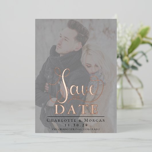 書エレガント跡2枚の写真の保存日付 箔招待状 (立ち正面)