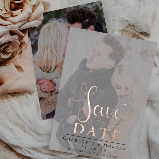 書エレガント跡2枚の写真の保存日付 箔招待状