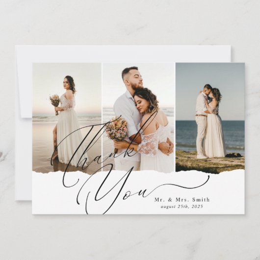 書エレガント跡3写真コラージュ結婚の サンキューカード (正面)