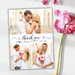 書エレガント跡3写真集結婚集 サンキューカード<br><div class="desc">シックモダンク書エレガント道3フォトコラージュの結婚サンキューカード。3スタイリッシュ枚の写真を前面に、1結婚枚の写真を背面に並べたサンキューカードテンプレート。白い背景に感謝してい黒い字やタイポグラフィの尻尾のフォントの文字渦巻形のを手書きの書道やの"あなた"の文字。名前の間の小さな愛のハートモチーフ。ノートもしを手書きしたい場合は、サンプル文字を削除して宇宙を増やす。おもしし救済まは合わせ品連絡が欲しい！</div>