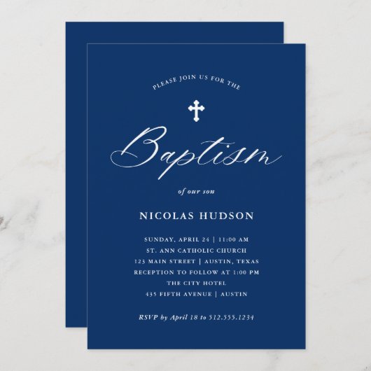 書エレガント道と十字架 | ネイビーブルーバプテスマ 招待状 (正面/裏面)