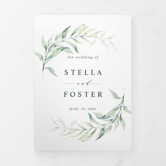 書エレガント道の緑結婚の葉 三つ折り招待状 (カバー)