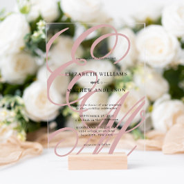 書エレガント道ほこりっぽいピンクのモノグラム結婚ズ アクリル招待状