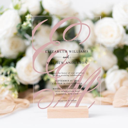 書エレガント道ほこりっぽいピンクのモノグラム結婚ズ アクリル招待状