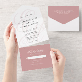 書エレガント道ほこりっぽいピンクのモノグラム結婚ズ オールインワン招待状
