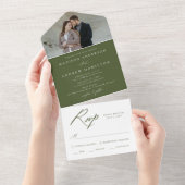 書エレガント道オリーブグリーン結婚写真 オールインワン招待状 (貼ってはがせる)