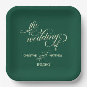 書エレガント道ティール（緑がかった色）結婚の ペーパープレート (正面)