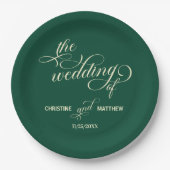 書エレガント道ティール（緑がかった色）結婚の ペーパープレート (正面)
