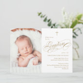書エレガント道ニュートラル金ゴールド写真バプテスマ 招待状 (スタンド正面)