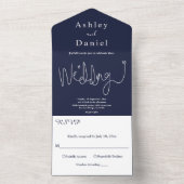 書エレガント道ネイビーファンシーモダン結婚ズ オールインワン招待状 (内側)
