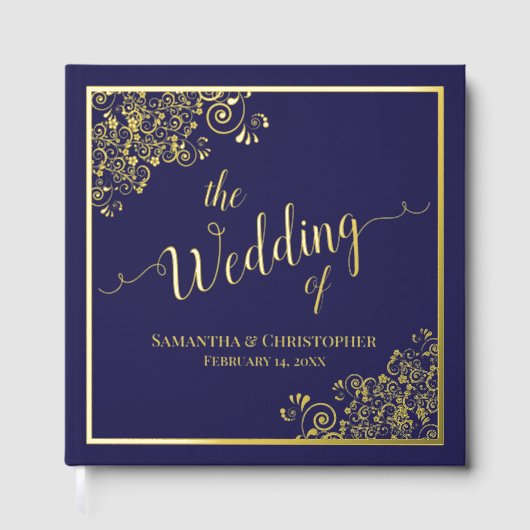 書エレガント道ネイビーブルー&ゴールド結婚フォイル ゲストブック (正面)