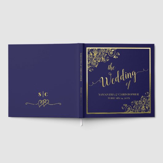 書エレガント道ネイビーブルー&ゴールド結婚フォイル ゲストブック (全面)