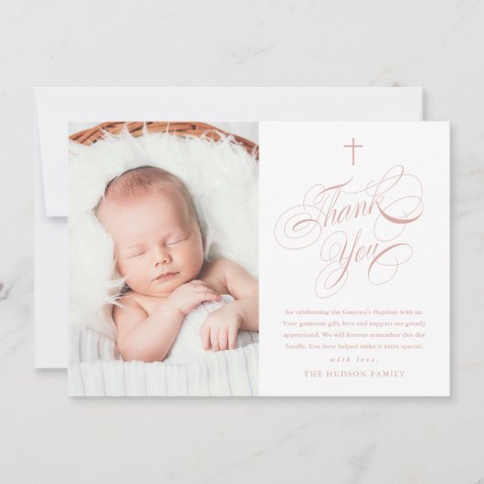書エレガント道ピンクの女の子の写真バプテスマ サンキューカード (正面)