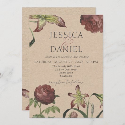 書エレガント道フローラスクリプ結婚トの起動 招待状 (正面/裏面)