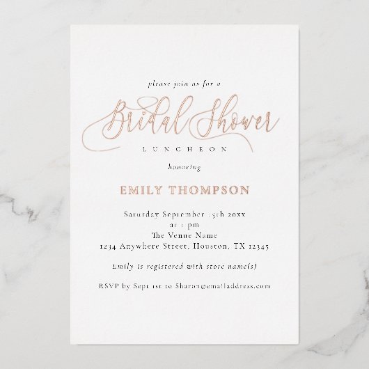 書エレガント道ブライダルシャワー実在バラ金ゴールドF 箔招待状 (正面)