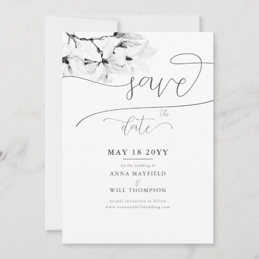 書エレガント道マグノリア結婚式の日付を保存 招待状 (正面)