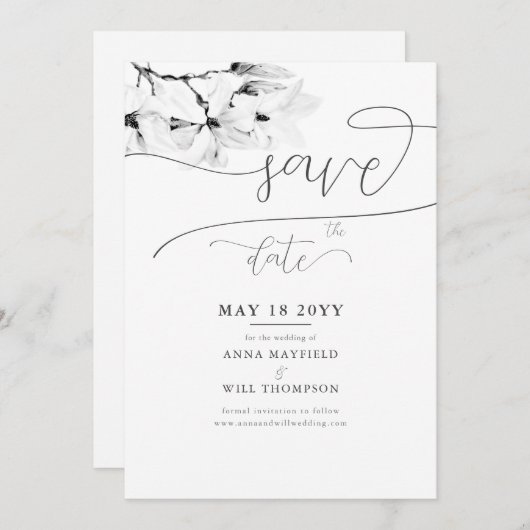 書エレガント道マグノリア結婚式の日付を保存 招待状 (正面/裏面)