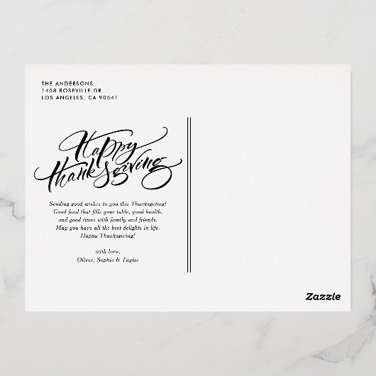 書エレガント道モダン幸せな感謝祭 箔シーズンポストカード (裏面)