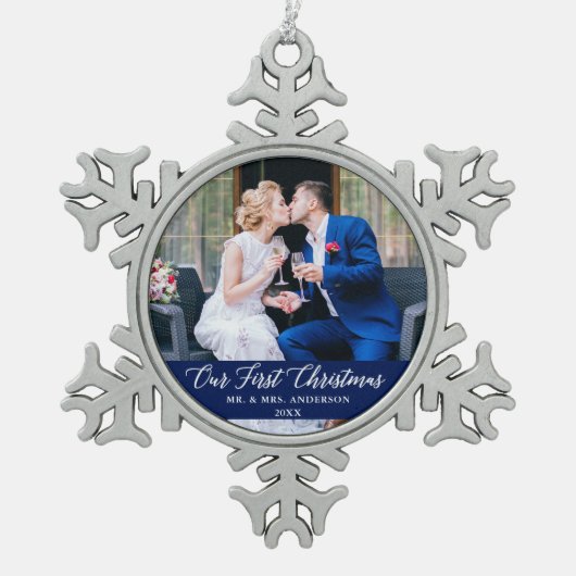 書エレガント道初めてのクリスマス青 スノーフレークピューターオーナメント (正面)