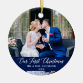 書エレガント道初めてのクリスマス青 セラミックオーナメント (正面)