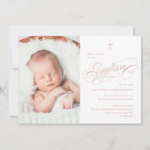 書エレガント道埃ピンクの女の子の写真バプテスマ 招待状 (正面)