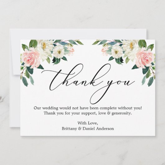 書エレガント道水彩ピンク白フローラ サンキューカード (正面)