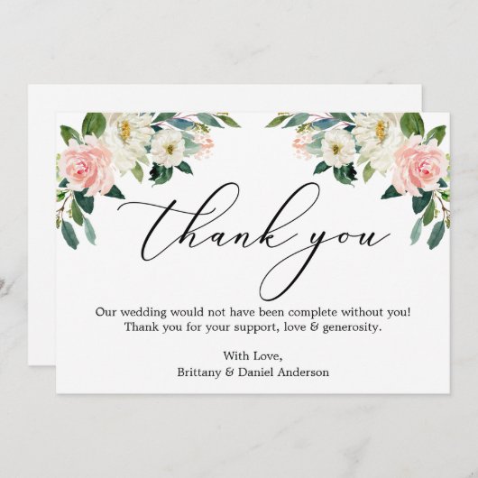 書エレガント道水彩ピンク白フローラ サンキューカード (正面/裏面)