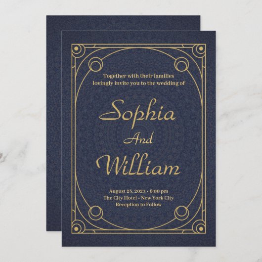 書エレガント道金ゴールドとネイビー結婚ブルー 招待状 (正面/裏面)