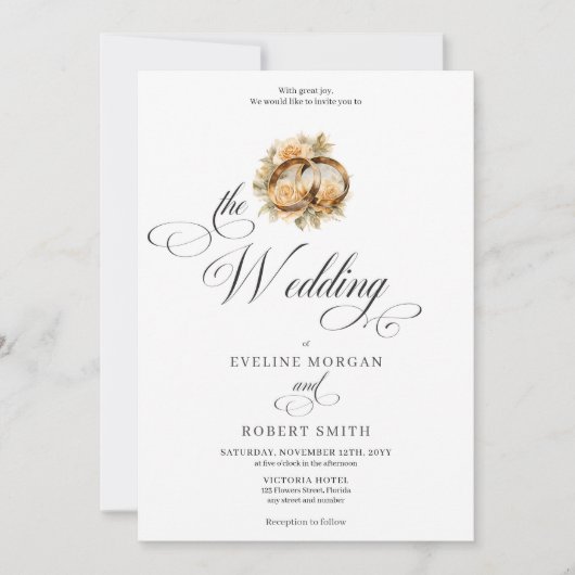 書エレガント道金ゴールドリングとバラ結婚 招待状 (正面)