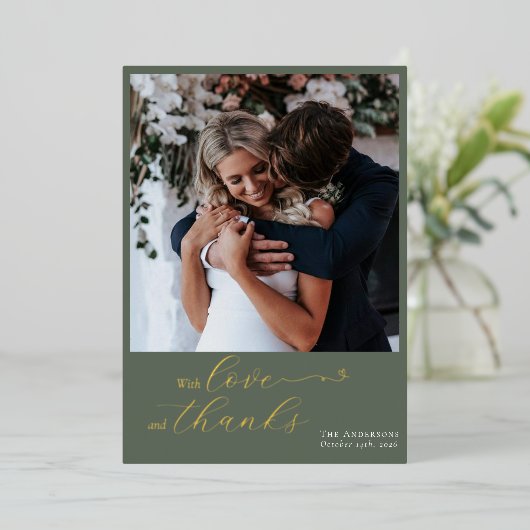 書エレガント道Sage緑のハート写真結婚の 箔シーズンカード (立ち正面)