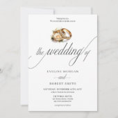 書シンプル道金ゴールドリングとバラ結婚ズ 招待状 (正面)