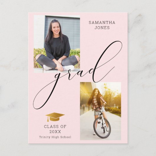 書スタイリッシュ道パーソナライズされた2フォトピンクグラード 案内ポストカード (正面)