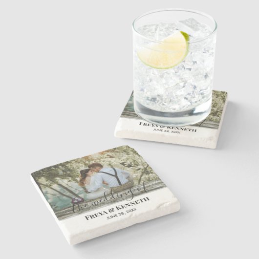 書パーソナライズされた結婚道入りモダン写真 ストーンコースター (横)