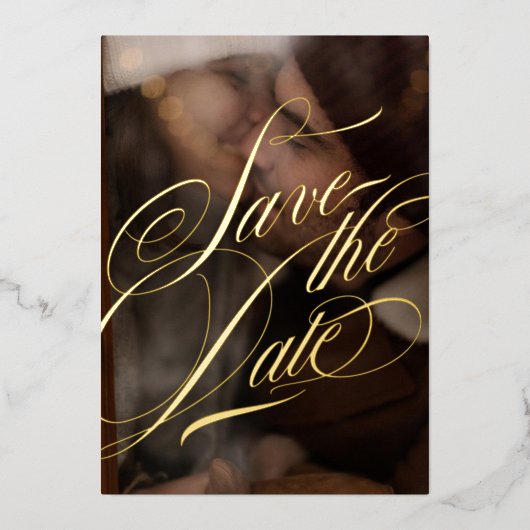 書フォーマル跡フォトブラックと実在金ゴールド 箔招待状 (正面)