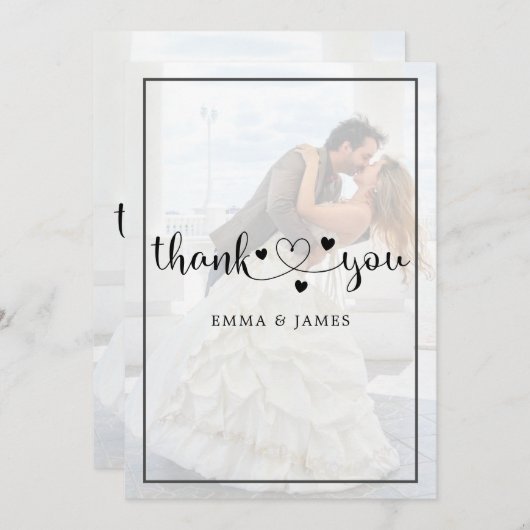書モダンお洒落書オーバーレイ結婚写真 サンキューカード (正面/裏面)